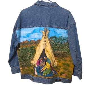 Artist Painted Denim Jacket Navajo Women 80s Vintage L